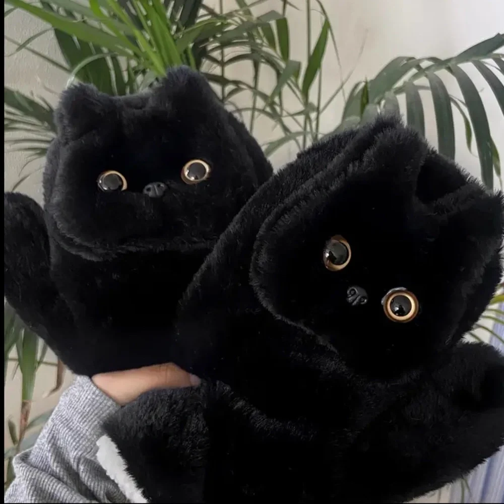 NWT! Gorgeous Ebony Black Silky and Furry Black Cat Mittens for Adults!